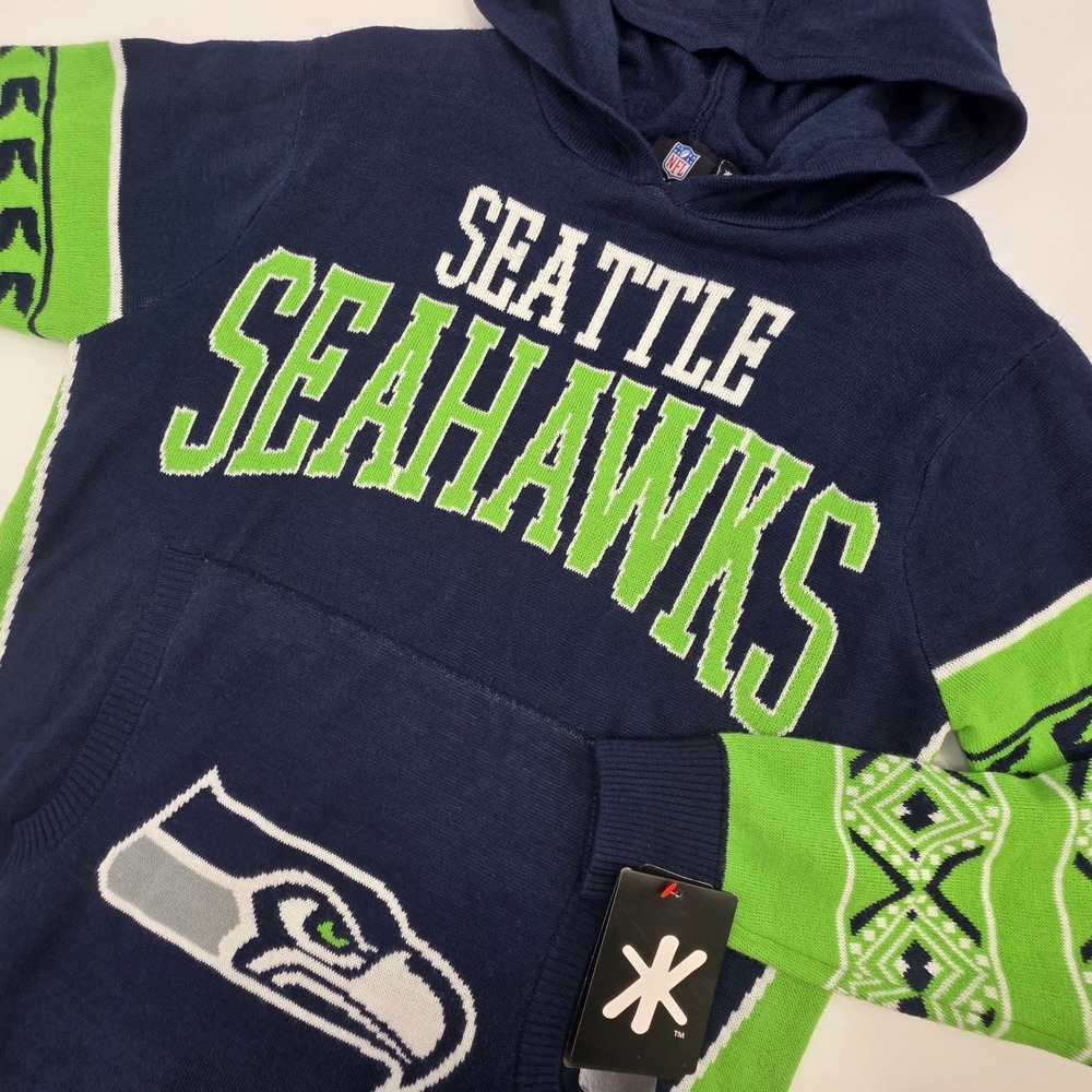 NFL TEAM APPAREL SEATTLE SEAHAWKS SWEATER MENS MEDIUM BLUE GREEN HOODED UGLY NEW